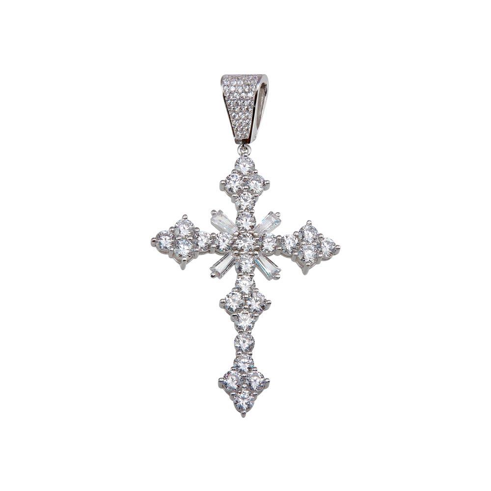 Rhodium Plated 925 Sterling Silver Baguette Cross Hip Hop Christian Knot Pendant