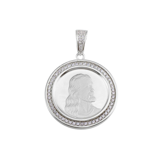 Rhodium Plated 925 Sterling Silver CZ Jesus Medallion Hip Hop Halo Charm Pendant