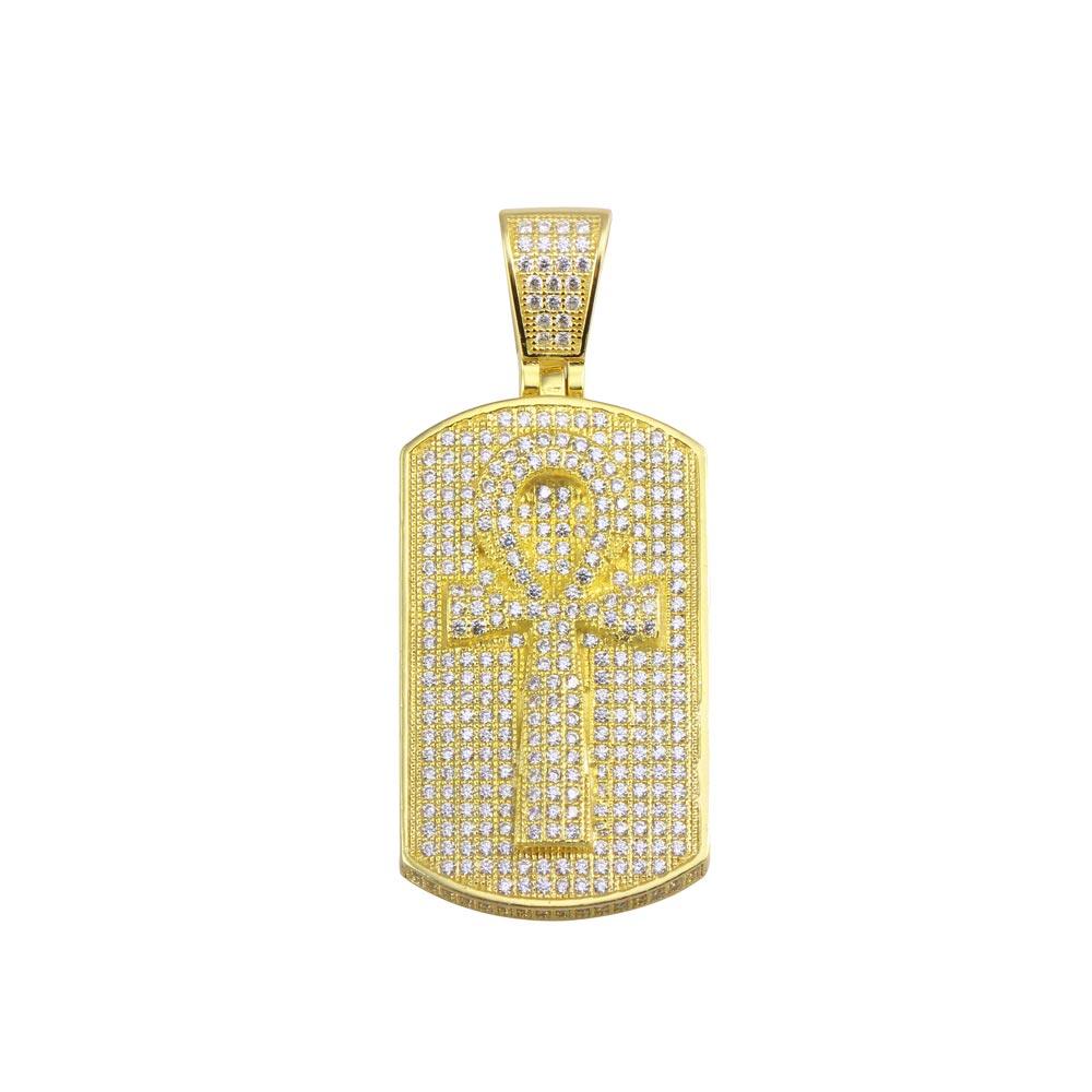 Gold Plated 925 Sterling Silver CZ Cross Dogtag Hip Hop Ankh Charm Iced Pendant