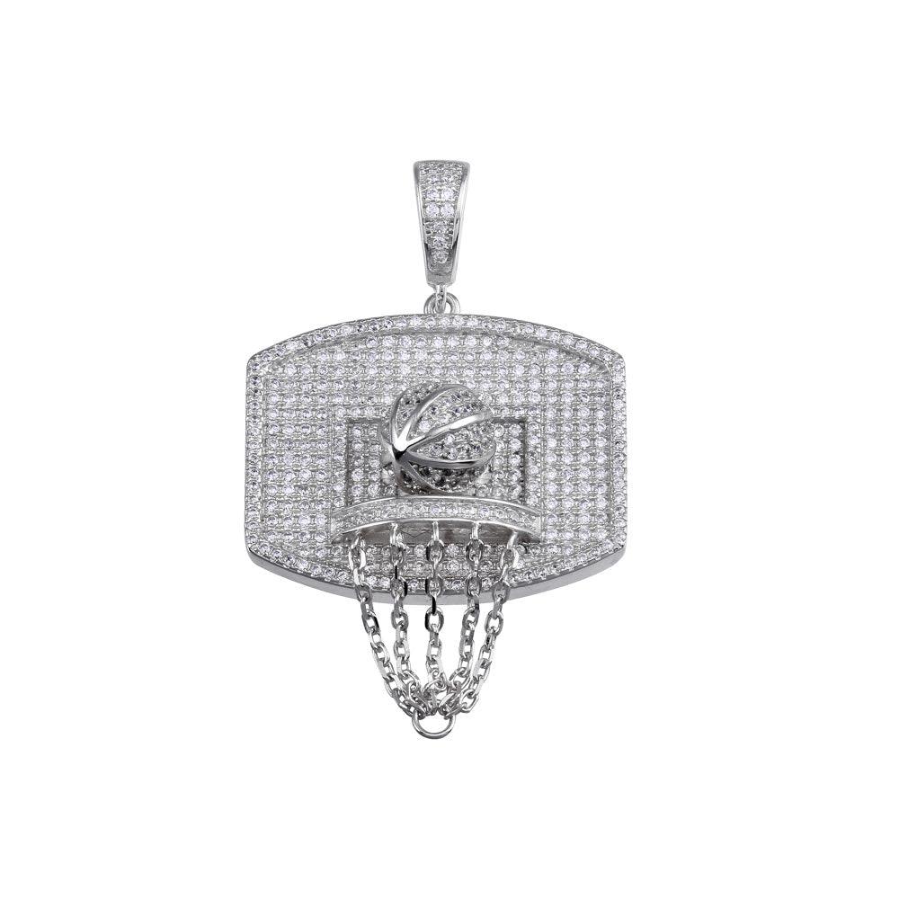 Rhodium Plated 925 Sterling Silver CZ Basketball Hoop Hip Hop Sports Pendant