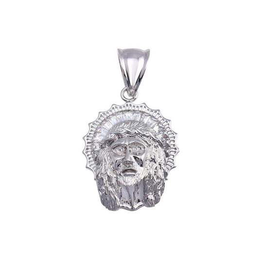 Rhodium Plated 925 Sterling Silver CZ Jesus Hip Hop Christian Catholic Pendant