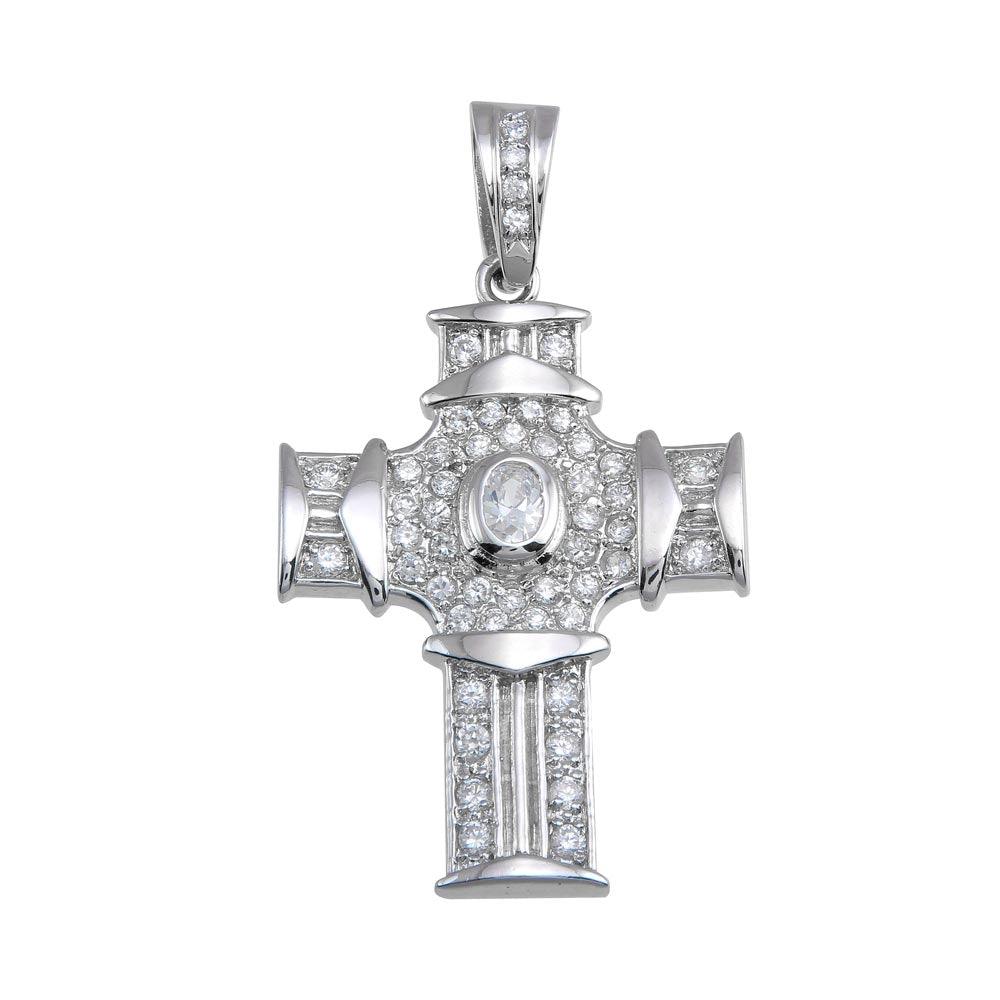 Rhodium Plated 925 Sterling Silver CZ Cross Hip Hop Christian Pendant