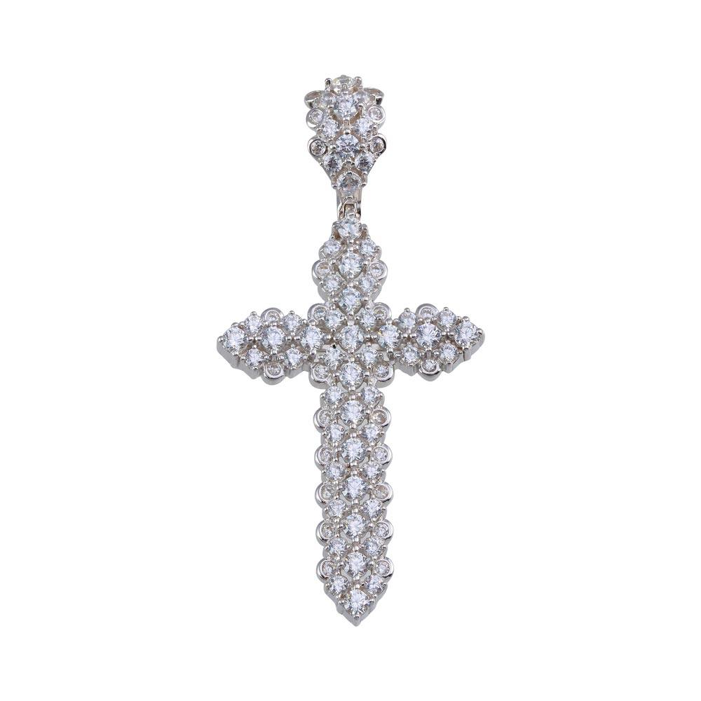 Rhodium Plated 925 Sterling Silver CZ Cross Hip Hop Iced Out Christian Pendant