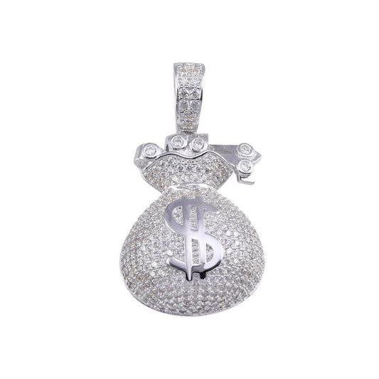 Rhodium Plated 925 Sterling Silver CZ Money Bag Hip Hop Cash Dollar $ Pendant