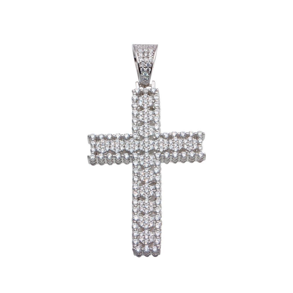 Rhodium Plated 925 Sterling Silver CZ Cross Hip Hop Christian Jesus Pendant