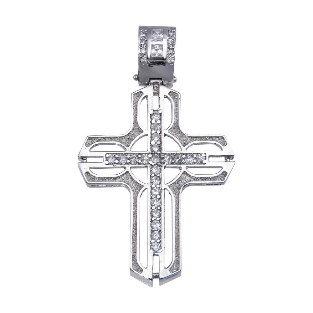 Rhodium Plated 925 Sterling Silver CZ Open Cross Hip Hop Christian Pendant