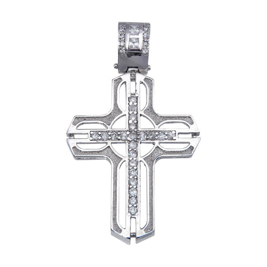 Rhodium Plated 925 Sterling Silver CZ Open Cross Hip Hop Christian Pendant