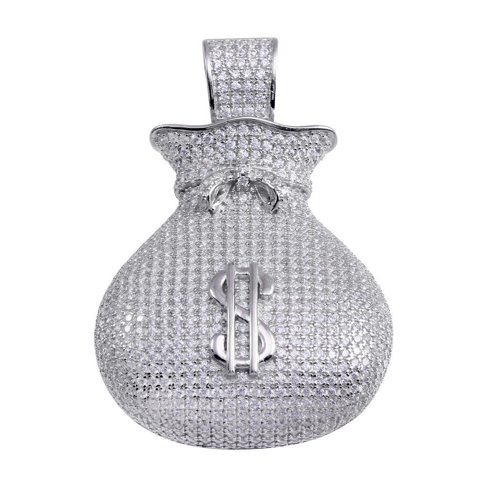 Rhodium Plated 925 Sterling Silver CZ Money Bag Hip Hop Cash Loot $ Pendant