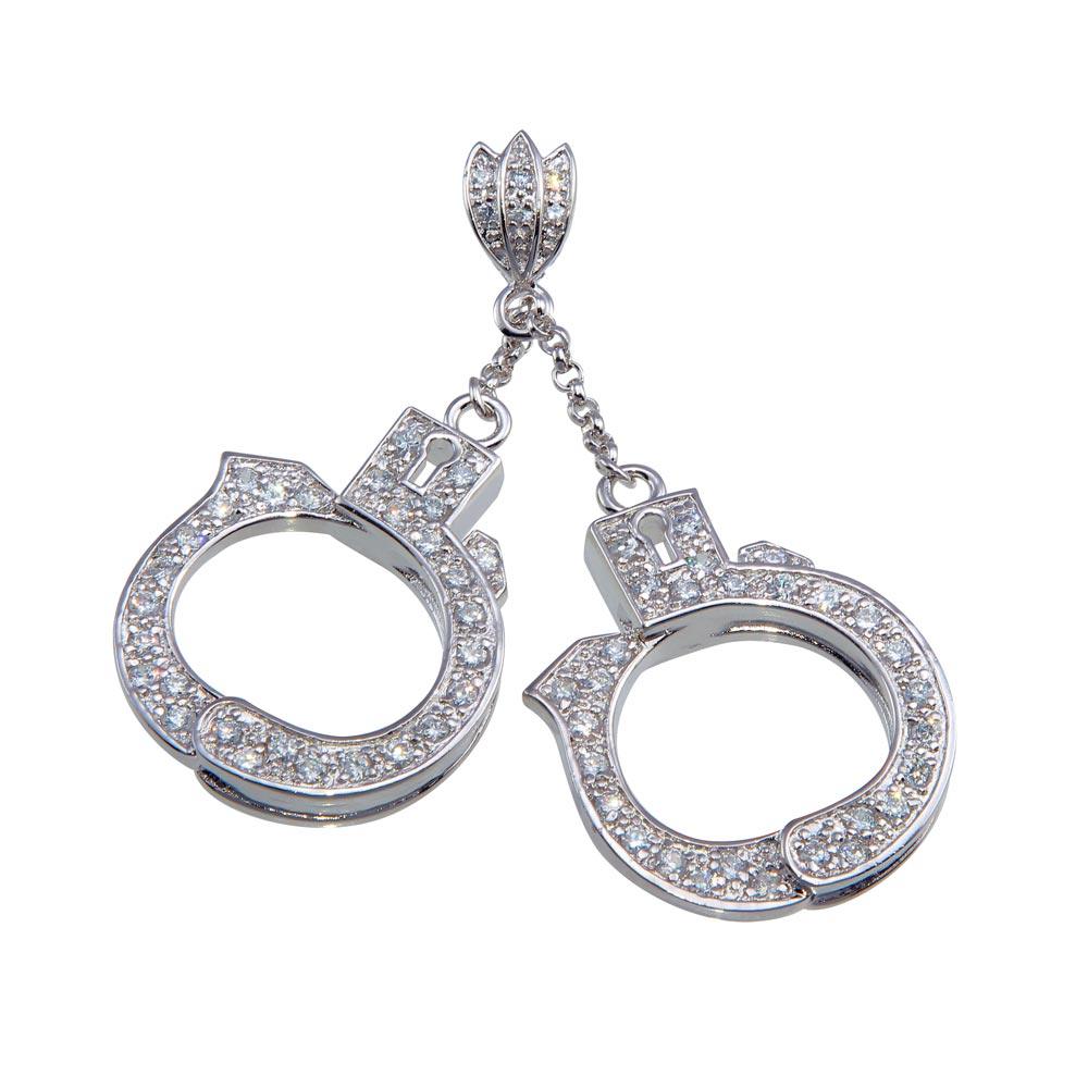 Rhodium Plated 925 Sterling Silver CZ Hand Cuffs Hip Hop Pendant
