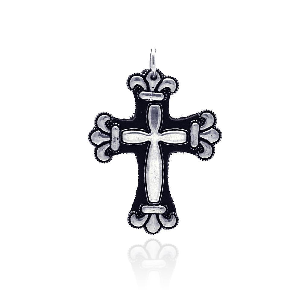 925 Sterling Silver Fleur-De-Lis Leather Style Christian Framed Cross Pendant