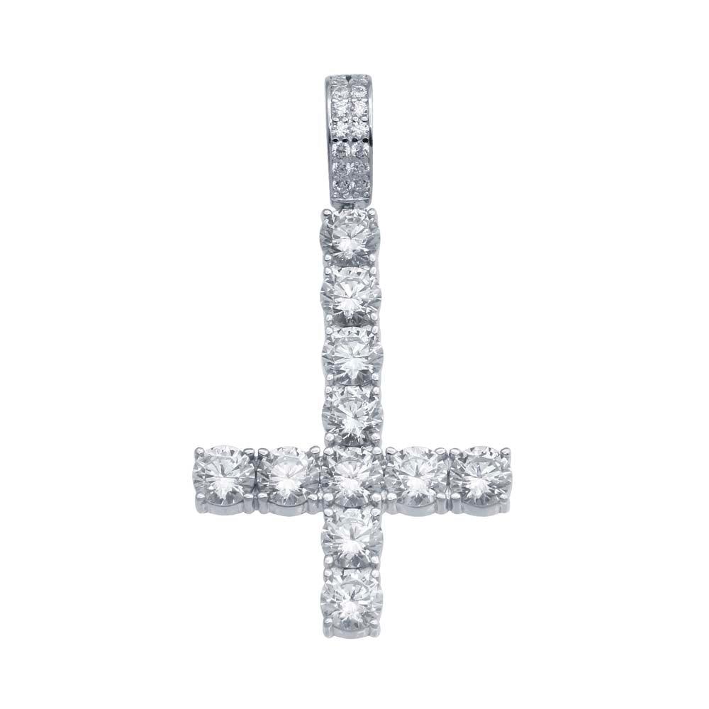 Rhodium Plated 925 Sterling Silver CZ Upside Down Cross Hip Hop Peter Pendant