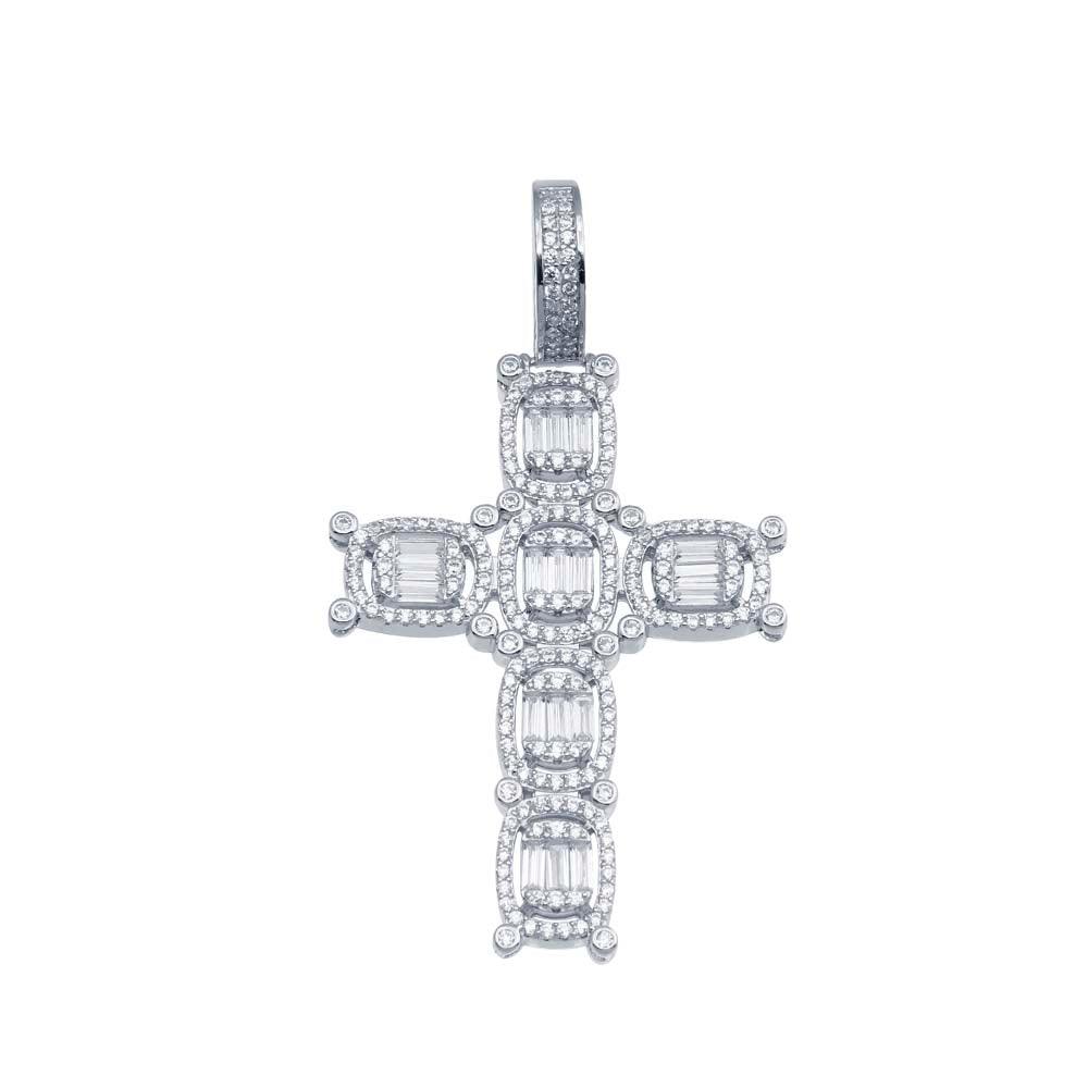 Rhodium Plated 925 Sterling Silver CZ Cross Hip Hop Oval Halo Christian Pendant