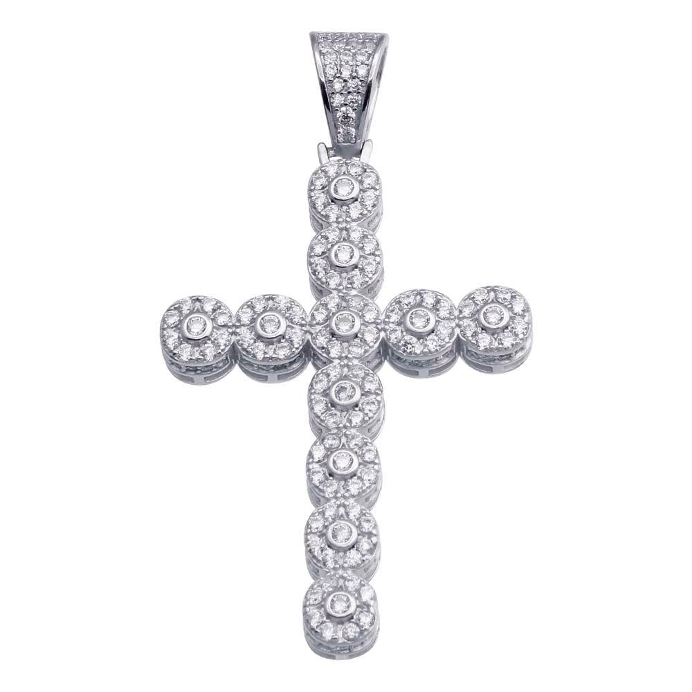 Rhodium Plated 925 Sterling Silver CZ Cross Hip Hop Round Halo Charm Pendant