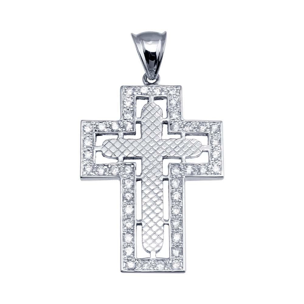 Rhodium Plated 925 Sterling Silver Cross Hip Hop Halo Cutout Christian Pendant