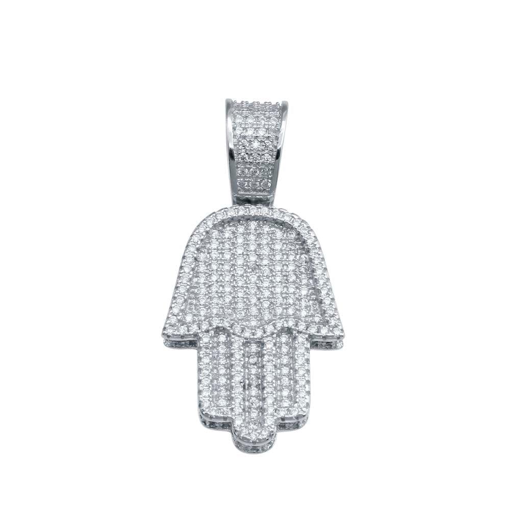 Rhodium Plated 925 Sterling Silver CZ Hamsa Hand Hip Hop Pendant
