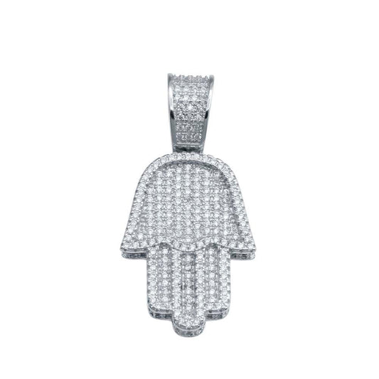 Rhodium Plated 925 Sterling Silver CZ Hamsa Hand Hip Hop Pendant