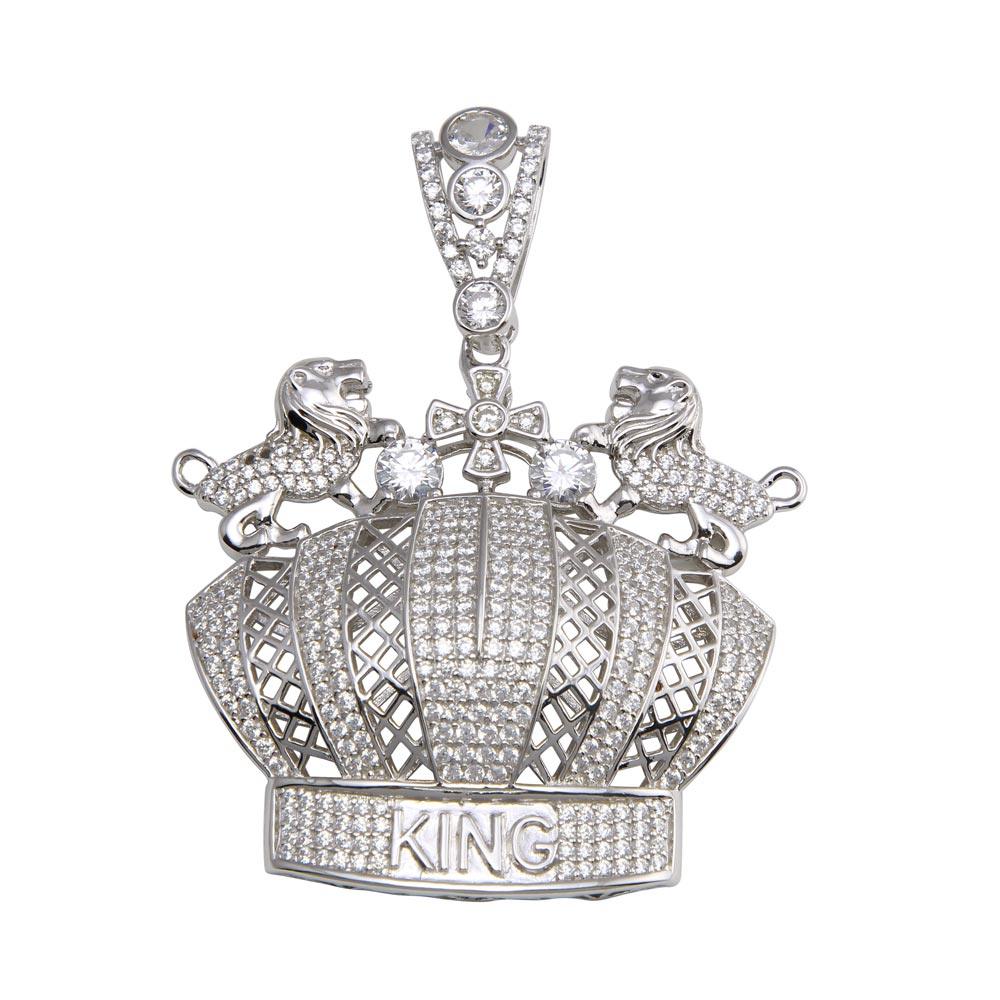 925 Sterling Silver Crown King Lion Prince Royalty Cross Animal CZ Pendant