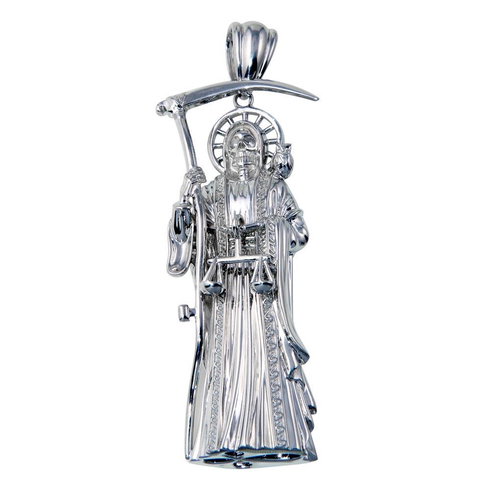 Rhodium Plated 925 Sterling Silver Hollow Huge Santa Muerte Pendant Death Charm