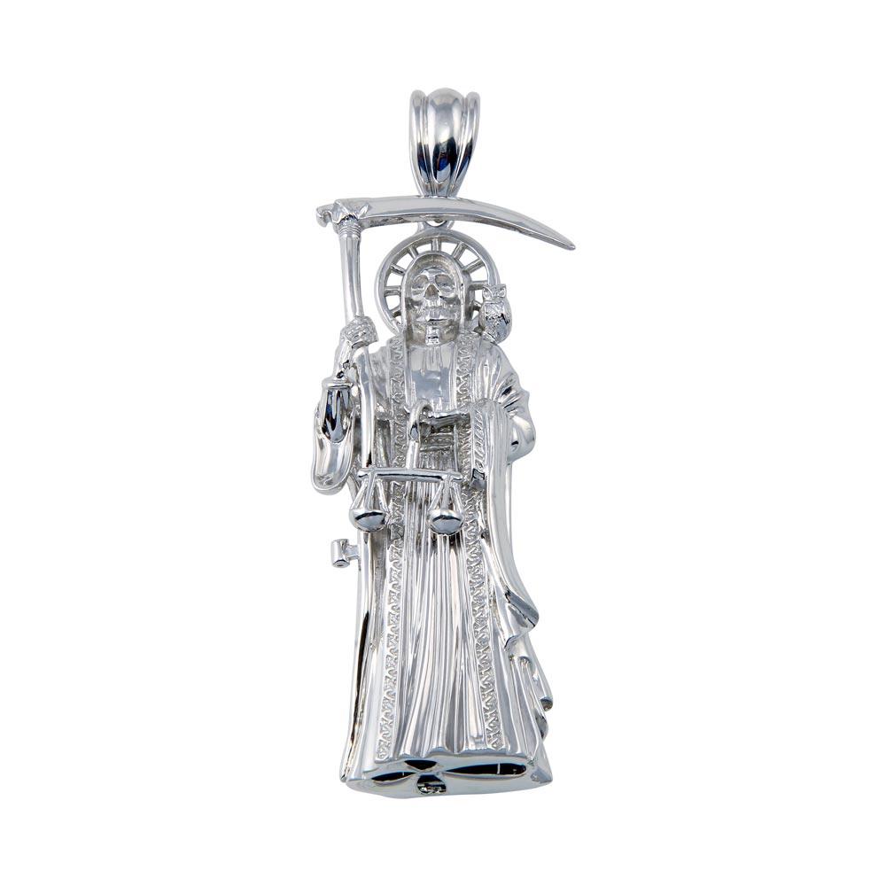 Rhodium Plated 925 Sterling Silver Hollow Santa Muerte Large Tall Pendant
