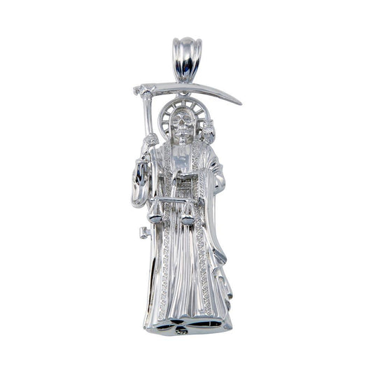 Rhodium Plated 925 Sterling Silver Hollow Santa Muerte Large Tall Pendant