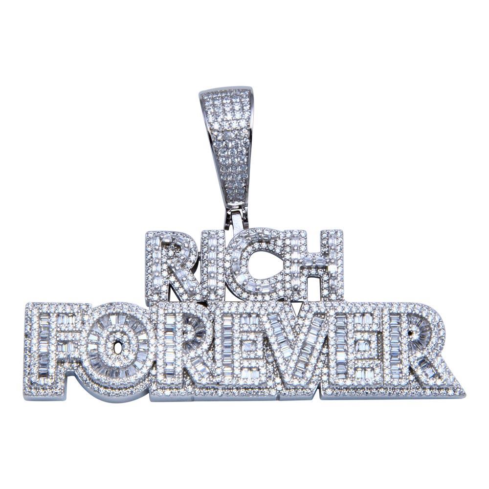 Rhodium Plated 925 Sterling Silver CZ FOREVER RICH Hip Hop Large Wide Pendant