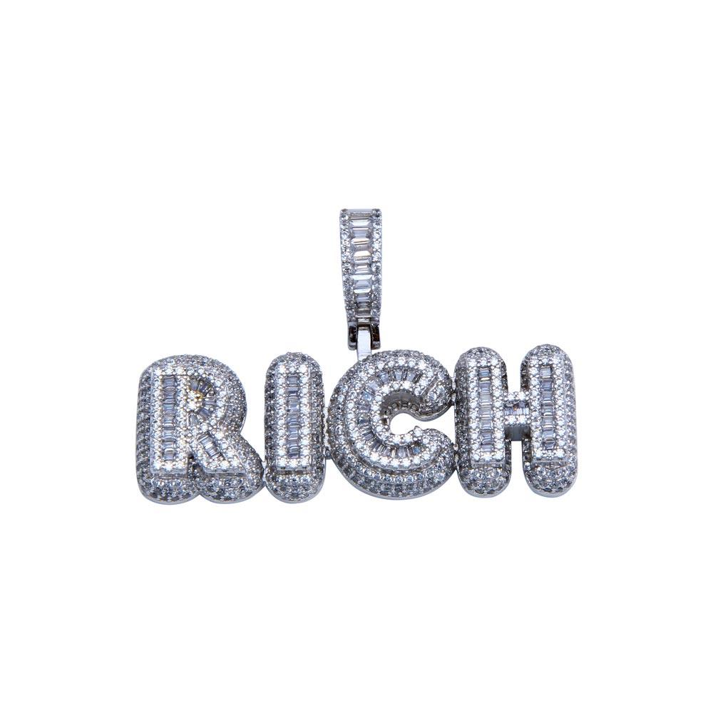 Rhodium Plated 925 Sterling Silver CZ RICH Hip Hop Cash $ Money Word Pendant