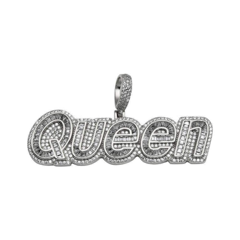 Rhodium Plated 925 Sterling Silver CZ QUEEN Hip Hop Word Script Royal Pendant