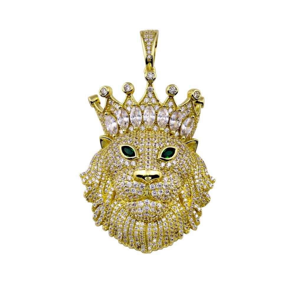 Gold Plated 925 Sterling Silver CZ King Lion Hip Hop Pendant Animal Crown Charm