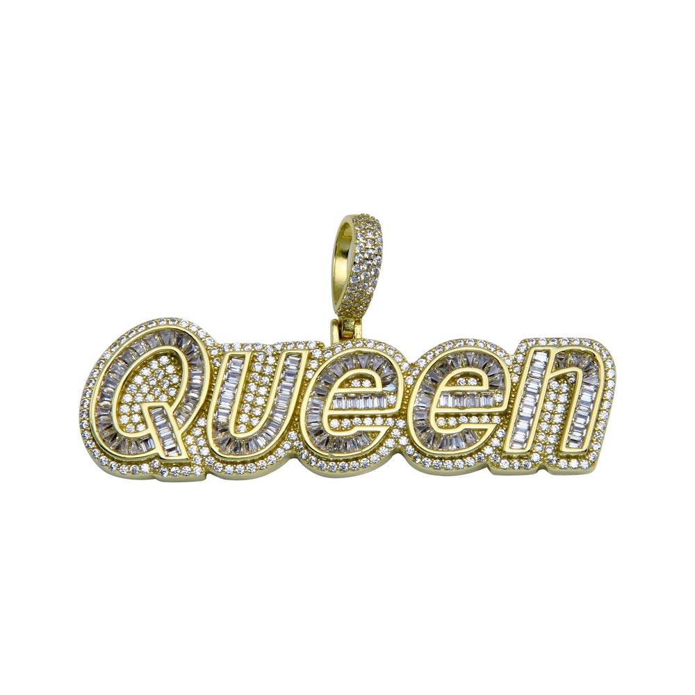 Gold Plated 925 Sterling Silver CZ QUEEN Hip Hop Word Script Royal Pendant