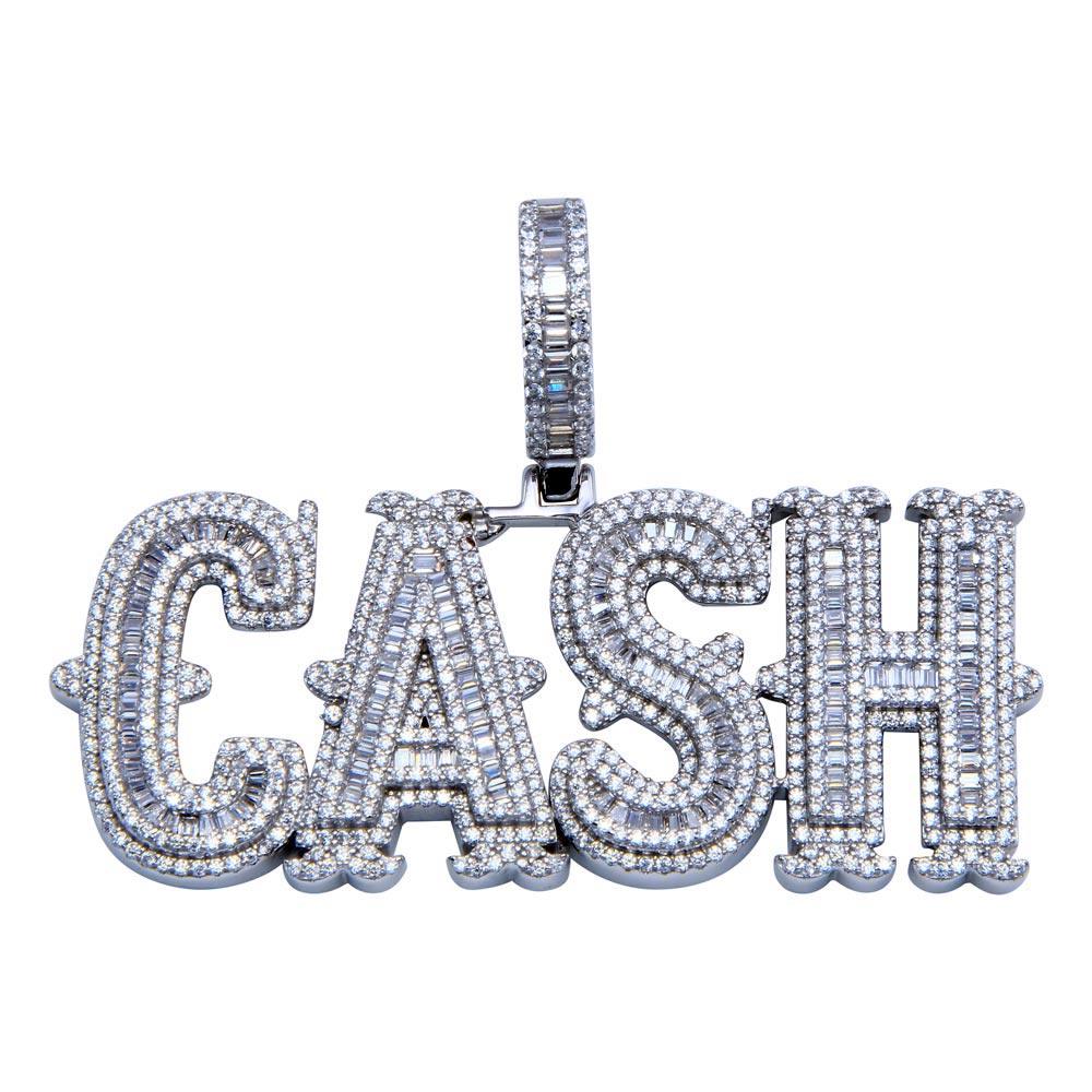 Rhodium Plated 925 Sterling Silver CZ CASH Hip Hop Dollar Money Word $ Pendant