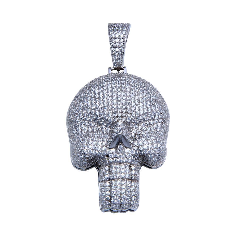 Rhodium Plated 925 Sterling Silver CZ Encrusted Skull Hip Hop Head Charm Pendant