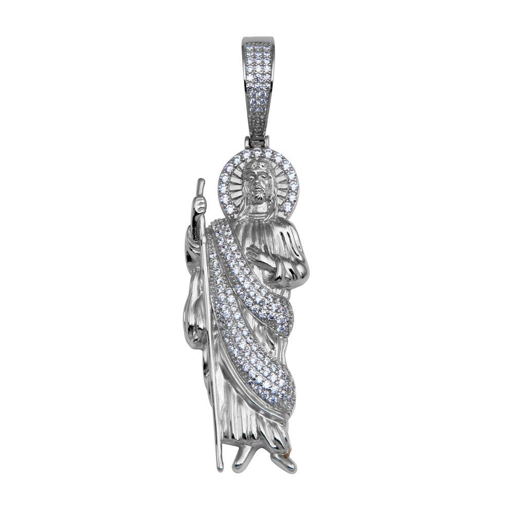 Rhodium Plated 925 Sterling Silver CZ Catholic Saint St Jude Hip Hop Pendant