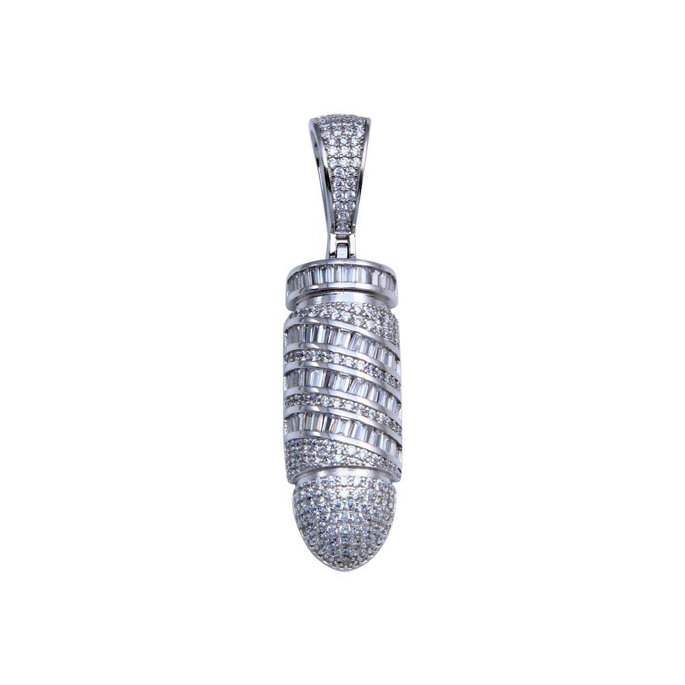 Rhodium Plated 925 Sterling Silver CZ Bullet Hip Hop Gun Shooting Sport Pendant