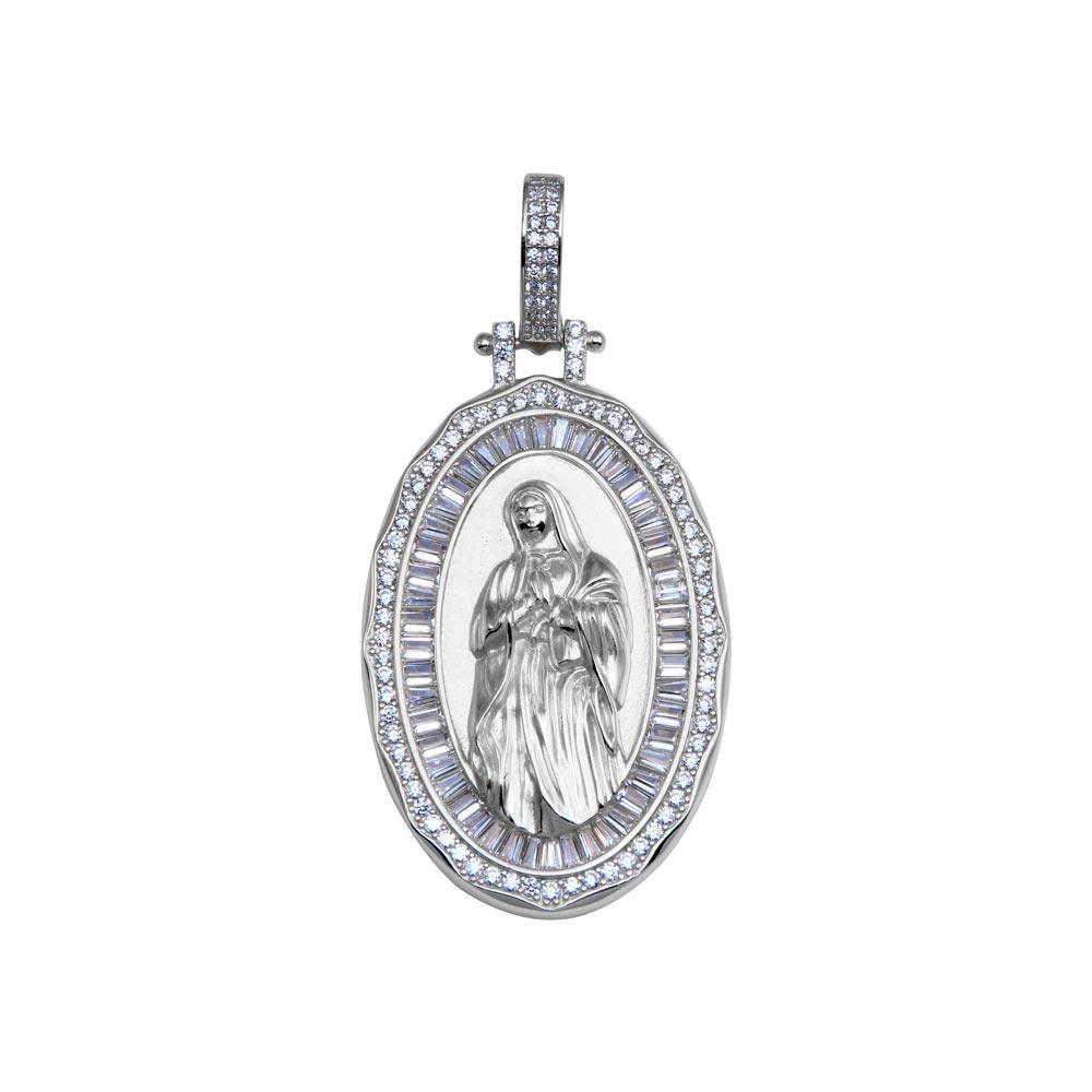 Rhodium Plated 925 Sterling Silver CZ Mary Hip Hop Catholic Mother Jesus Pendant
