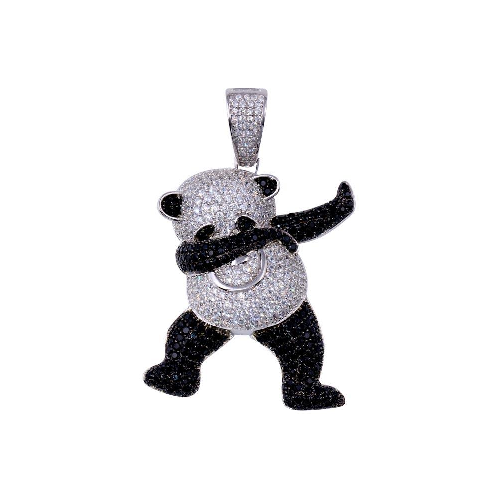 Rhodium Plated 925 Sterling Silver CZ Animal Cute Panda Dabbing Dance Pendant