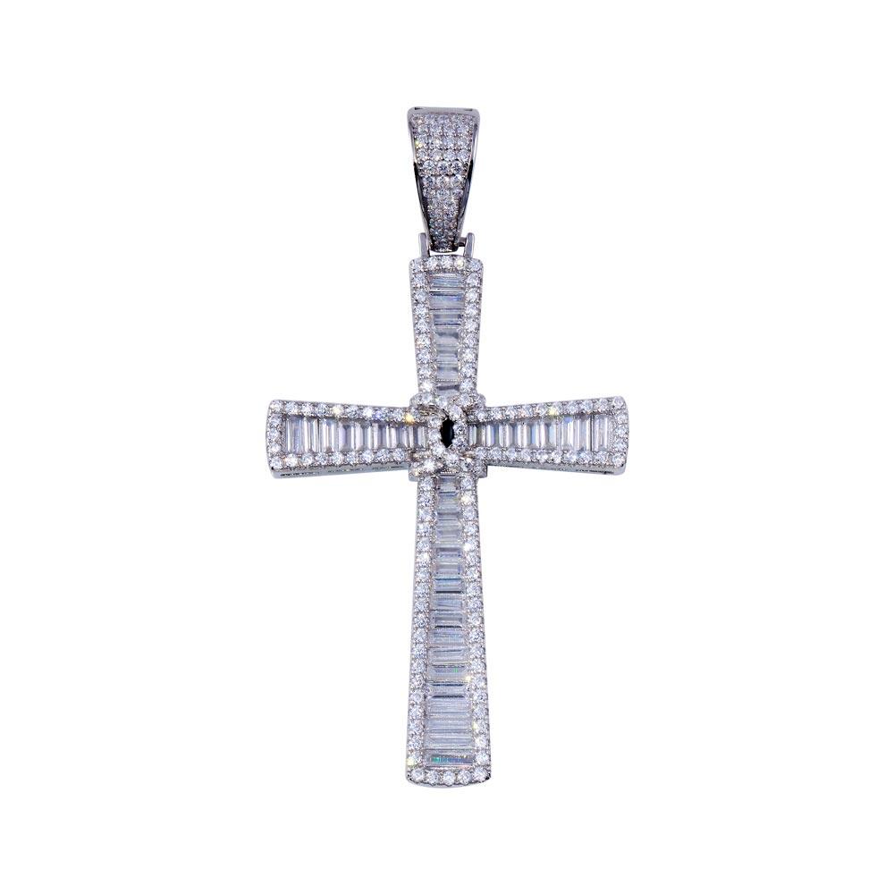 Rhodium Plated 925 Sterling Silver CZ Christian Love Knot Cross Hip Hop Pendant