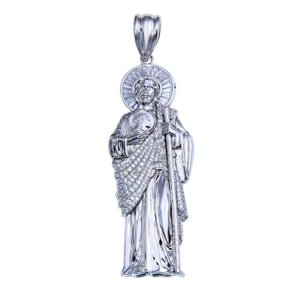 Rhodium Plated 925 Sterling Silver Clear CZ Large St Jude Saint Catholic Pendant