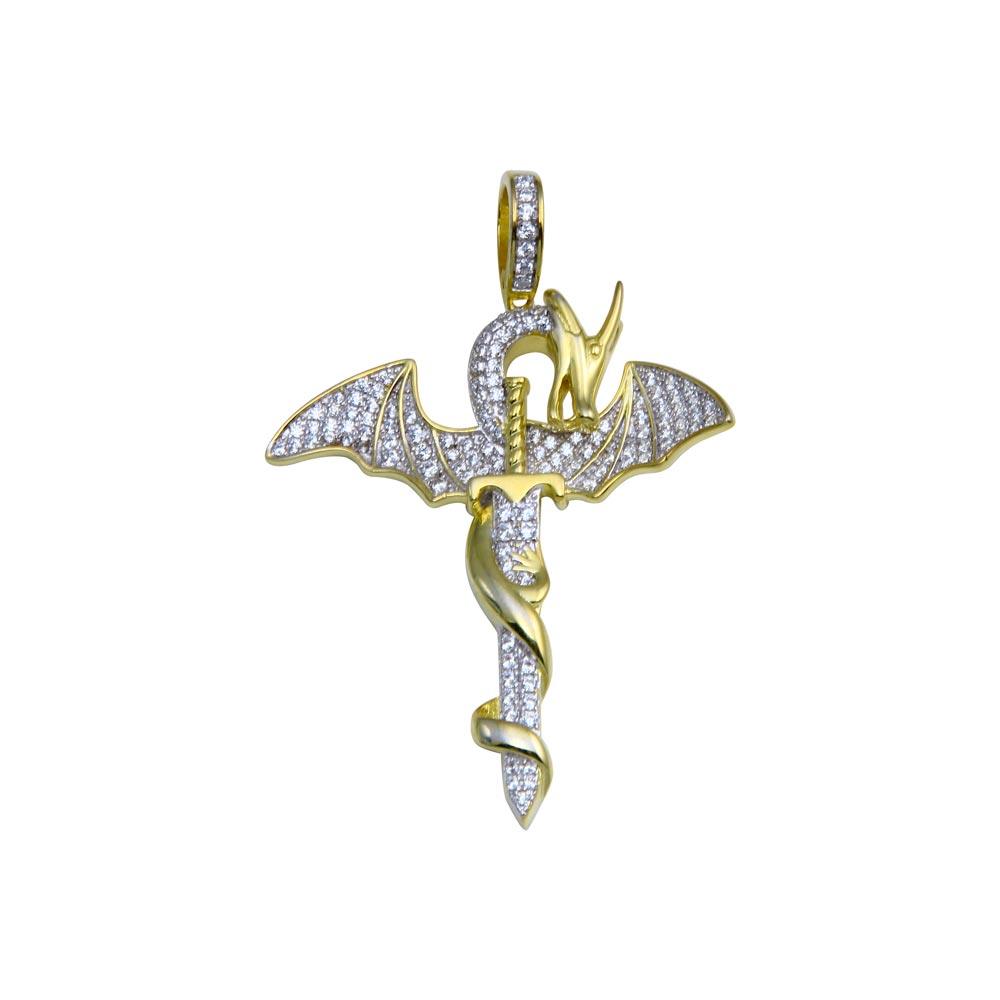 Gold Plated 925 Sterling Silver CZ Dragon Sword Dagger Mythical Animal Pendant