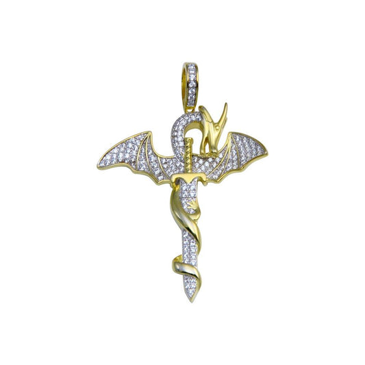 Gold Plated 925 Sterling Silver CZ Dragon Sword Dagger Mythical Animal Pendant