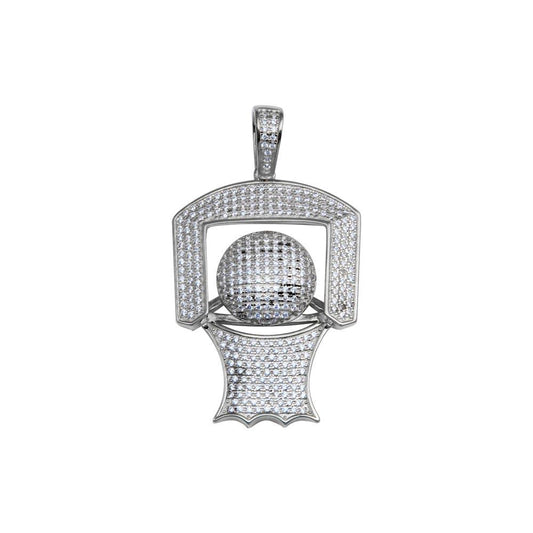 Rhodium Plated 925 Sterling Silver CZ Basketball Hoop Sports Baller Game Pendant