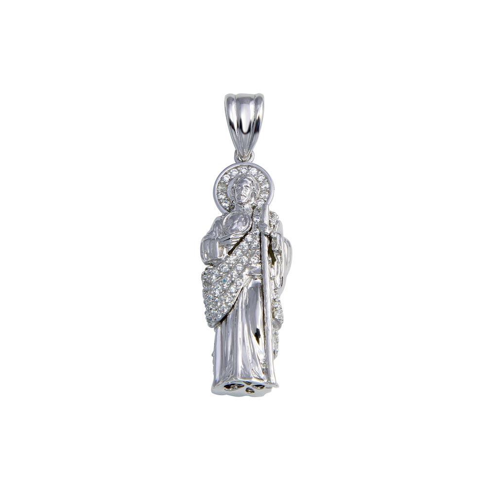 Rhodium Plated 925 Sterling Silver CZ St Jude Catholic Saint Thaddeus Pendant