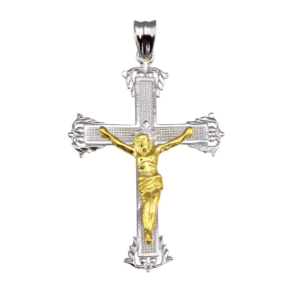 925 Sterling Silver 2 Toned Plated CZ Cross Gold Plated Jesus Crucifix Pendant