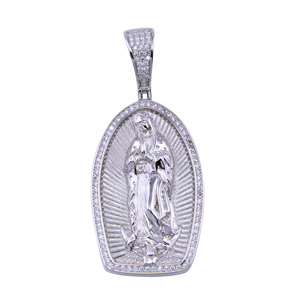 Rhodium Plated 925 Sterling Silver CZ Our Lady of Guadalupe Catholic Pendant