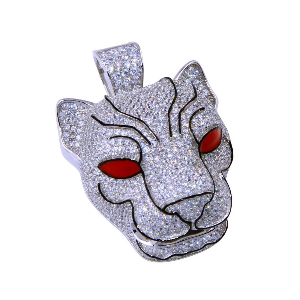 Rhodium Plated 925 Sterling Silver CZ Panther Animal Cat Head Red Eyes Pendant