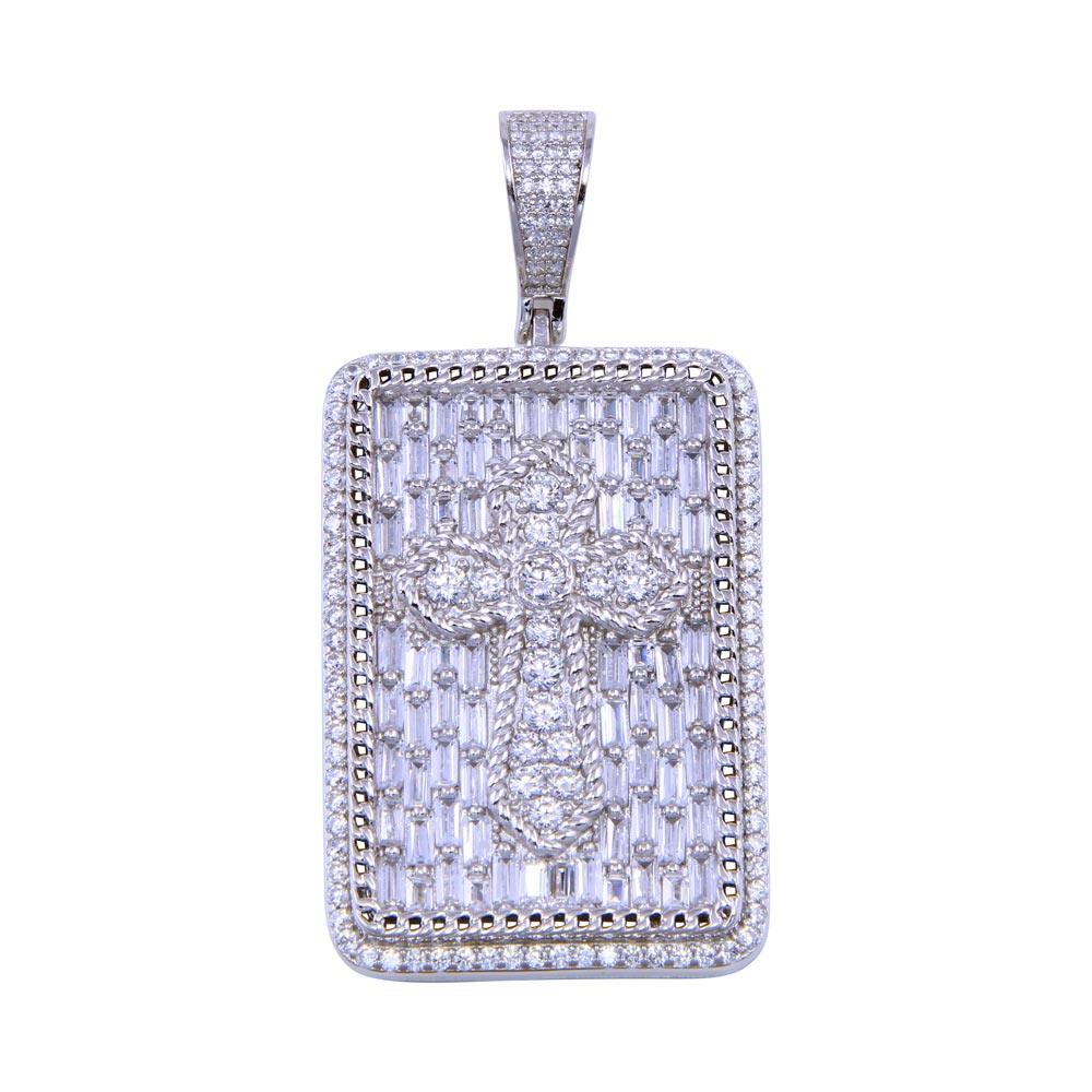 Rhodium Plated 925 Sterling Silver CZ Cross Dog Tag Christian Crucifix Pendant