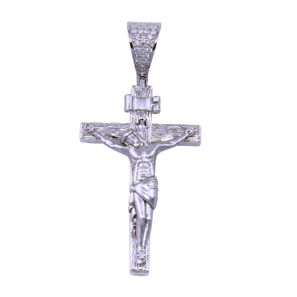 Rhodium Plated 925 Sterling Silver CZ Jesus Cross Catholic Crucifix Pendant