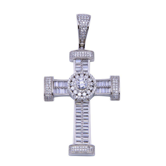 Rhodium Plated 925 Sterling Silver CZ Disc Center Cross Christian Charm Pendant
