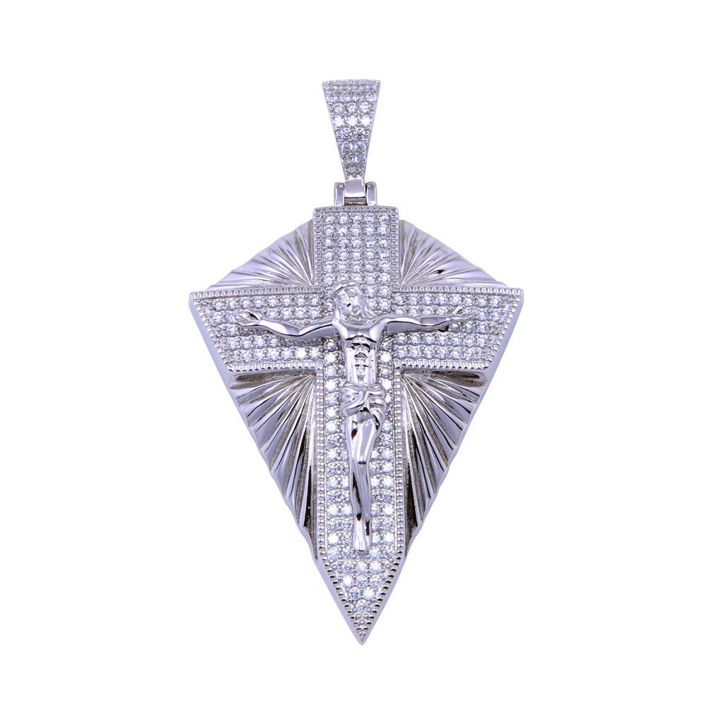 Rhodium Plated 925 Sterling Silver Shining Cross Shield Jesus Crucifix Pendant
