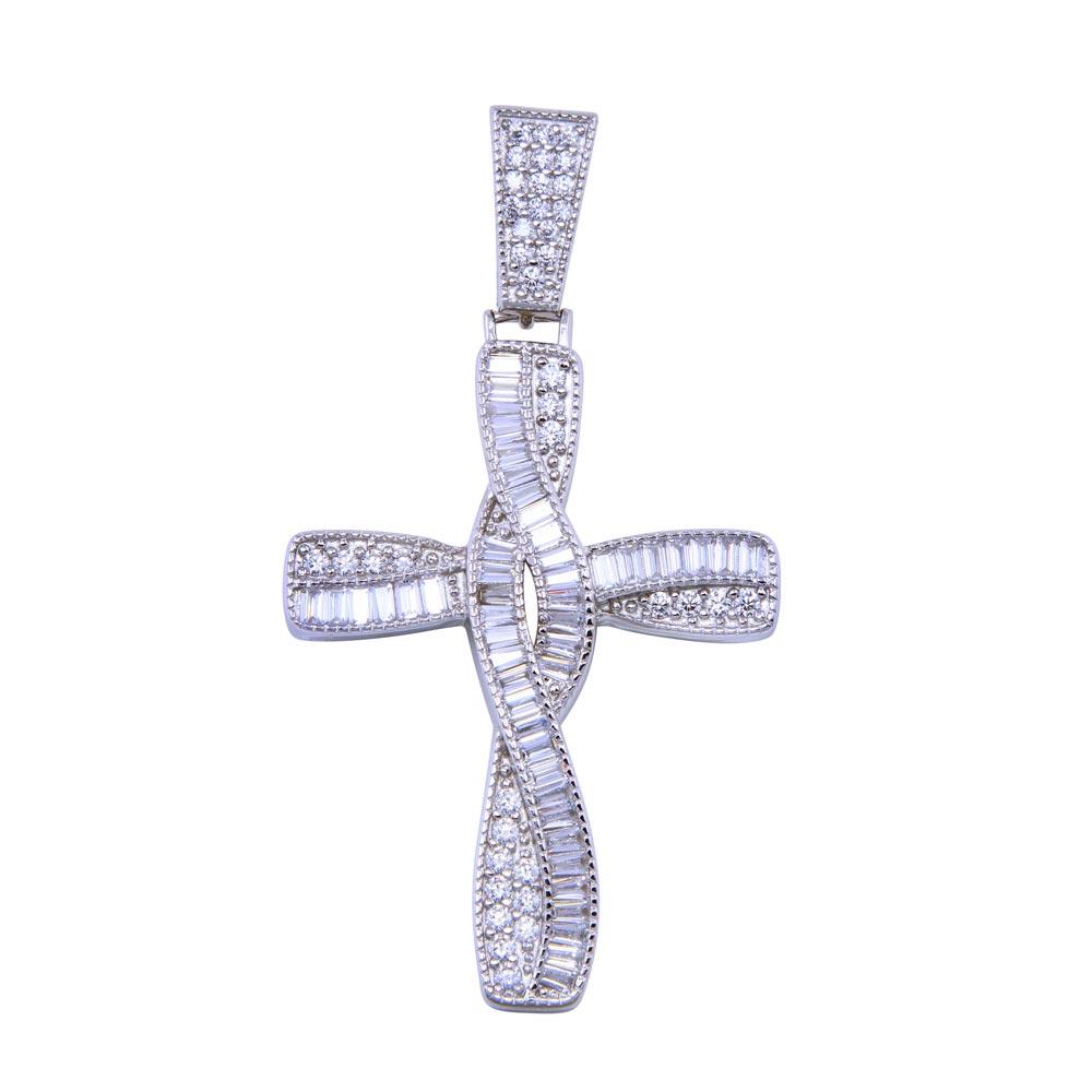 Rhodium Plated 925 Sterling Silver CZ Wave Cross Christian Jesus Knot Pendant