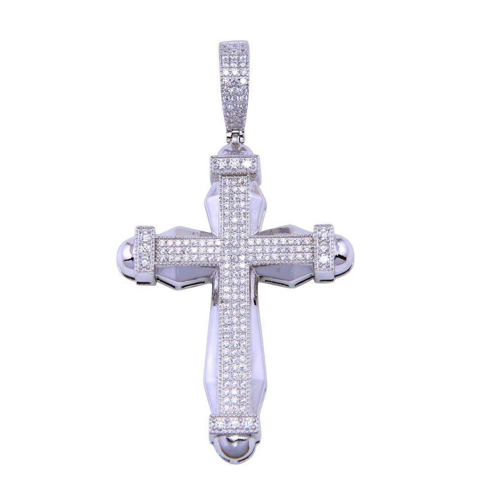 Rhodium Plated 925 Sterling Silver CZ Cross Jesus Christian Crucifix Pendant